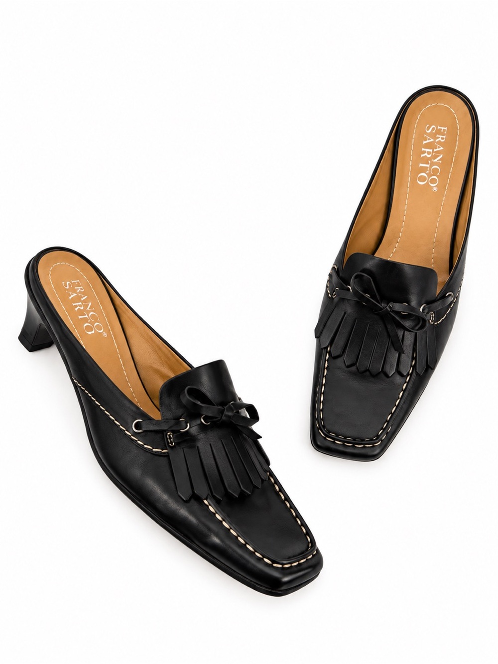 Franco Sarto Black Leather Tassel Mule Heels Size 6.5M Kitten Heel Y2k